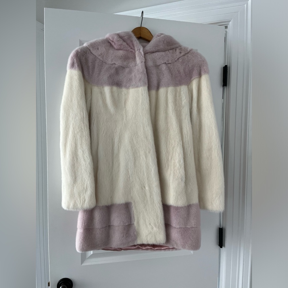 White and pink rabbit fur coat